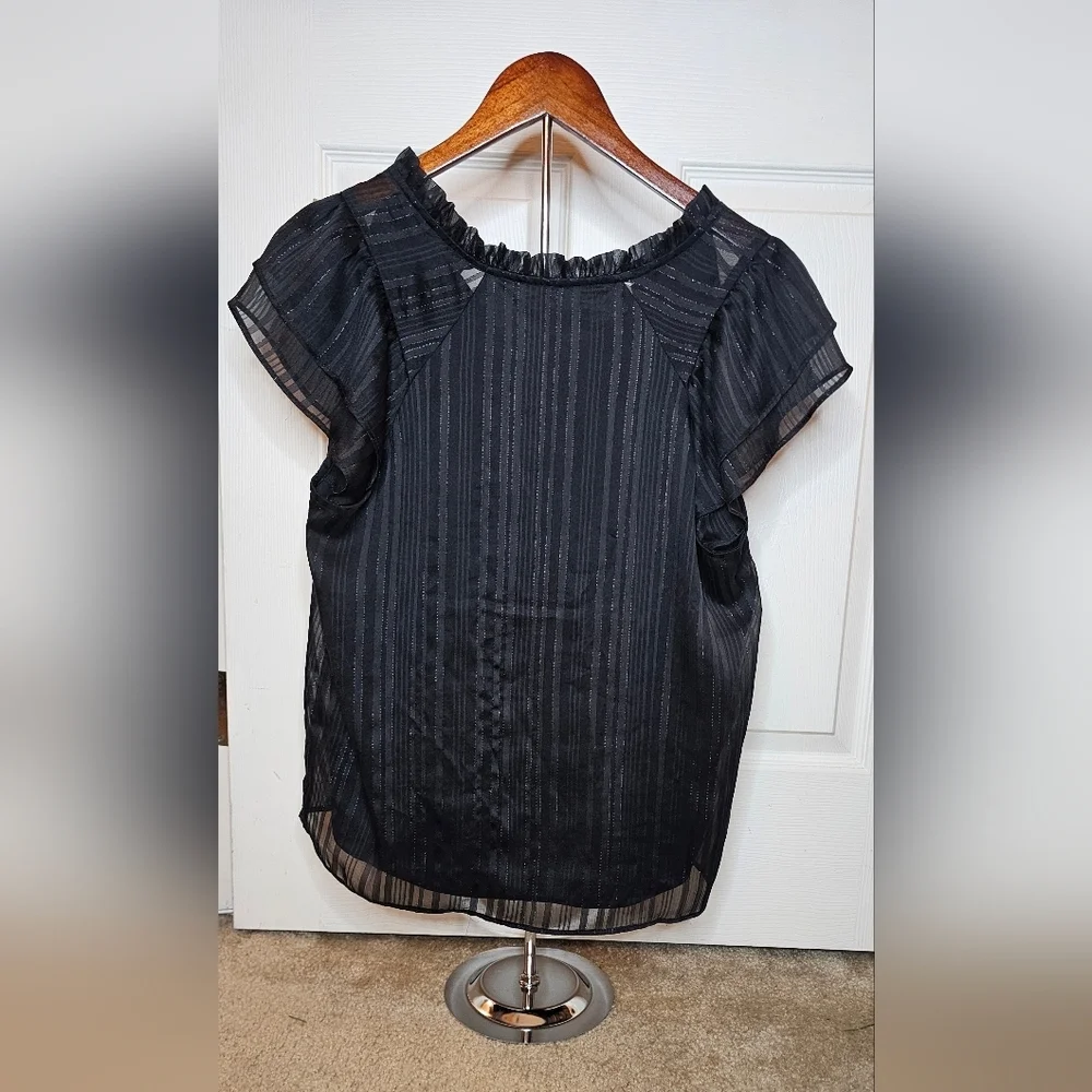 Banana Republic Black Sheer Metallic Stripe Ruffle Sleeve Blouse - Size Medium - Picture 2 of 5